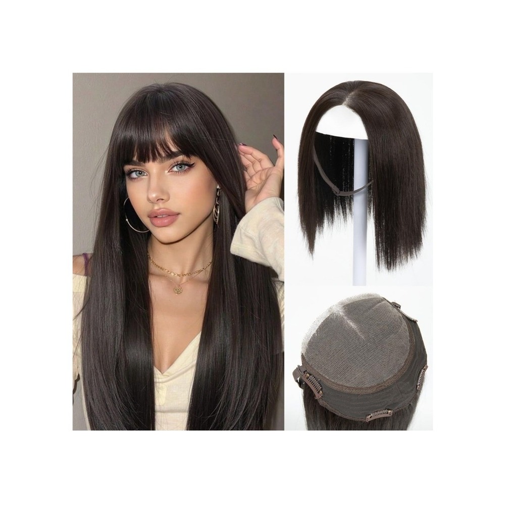 Lace Front Hair Topper with Band Dark Brown Lace Base Synthetic Straight Clip In